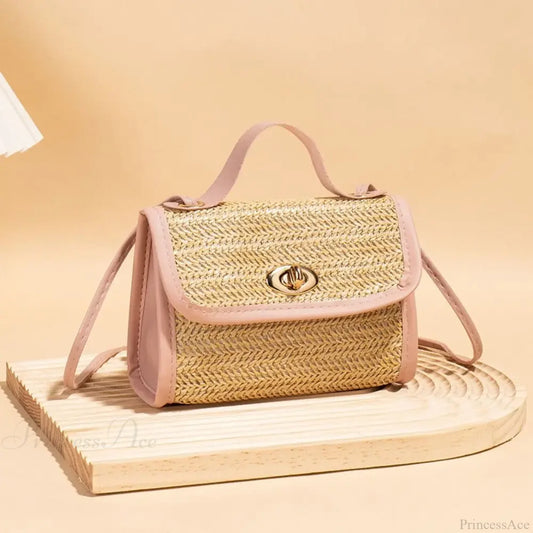 Woven Messenger Straw Travel Tote Handbag Pink handbag-250126