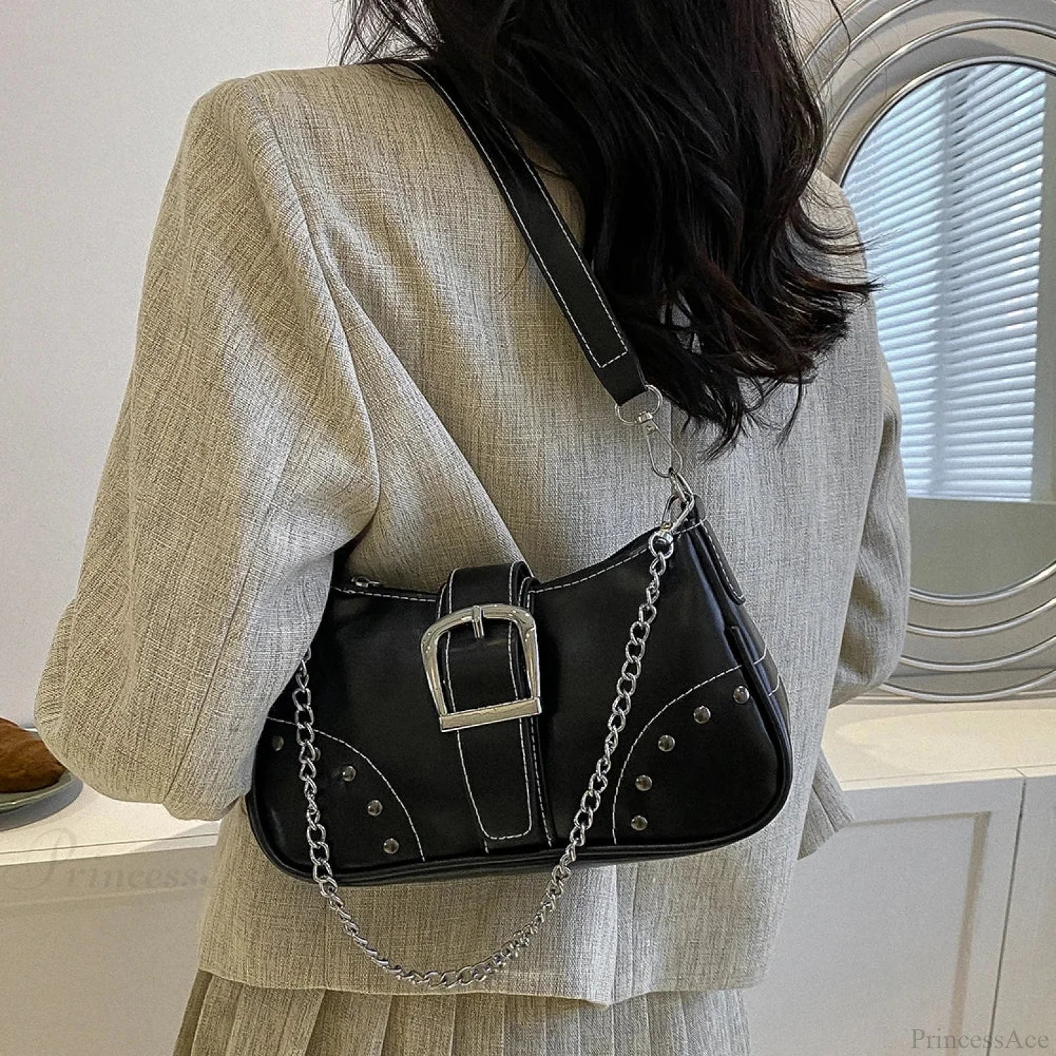 Y2K Cool Style Chain Shoulder Bag Black shoulder-250126