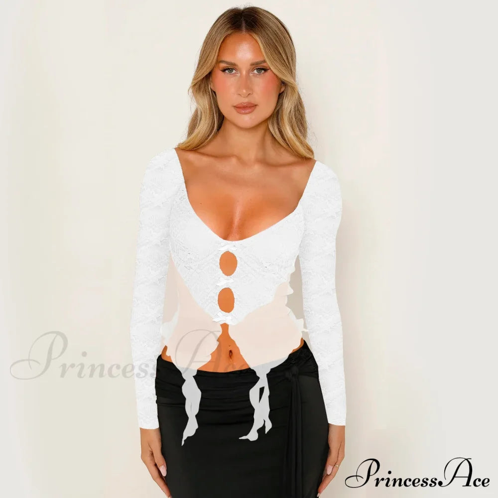 Y2K Lace Sheer Sexy Slim Fit Fairy Long Sleeve Trendy Stylish Classic Crop Top White / S