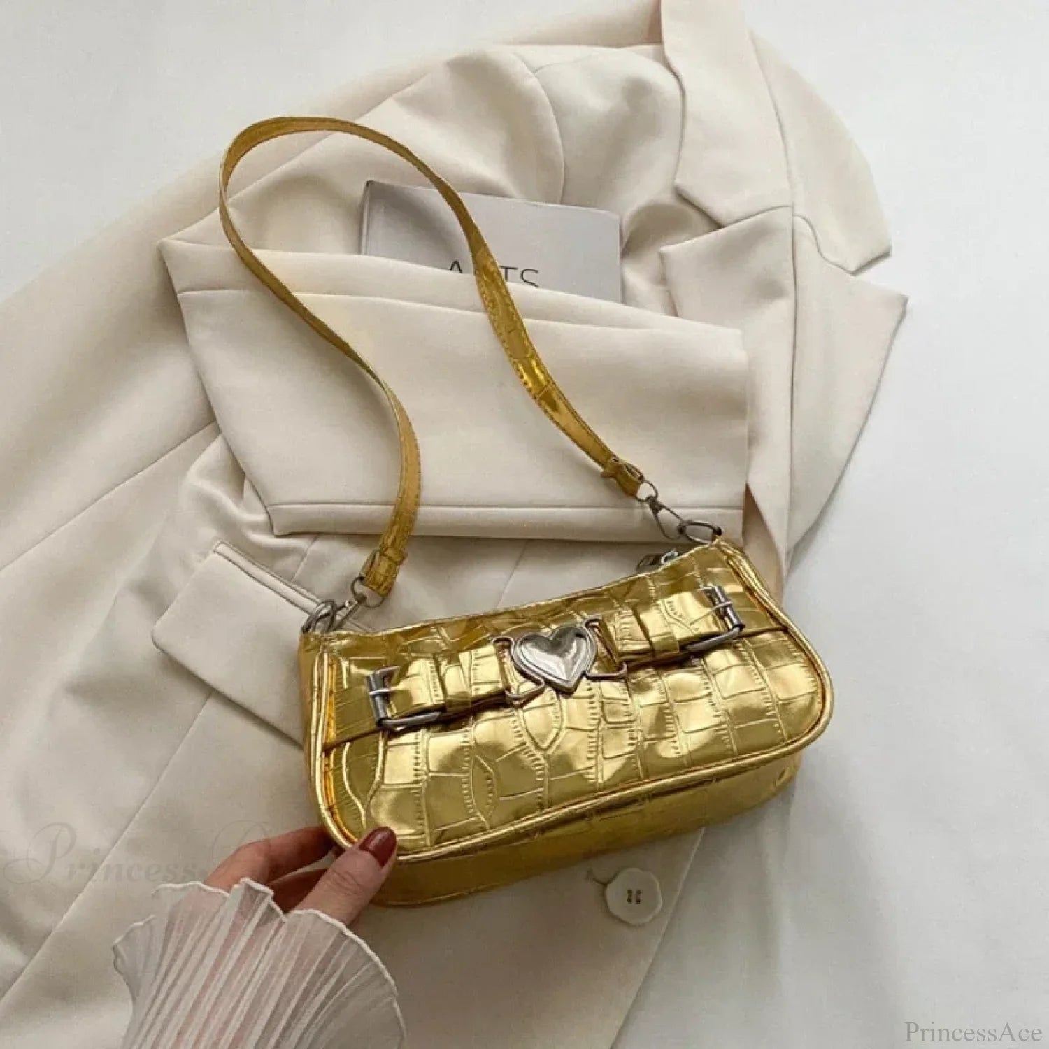 Y2K Peach Heart Leather Shoulder Bag Gold shoulder-250126