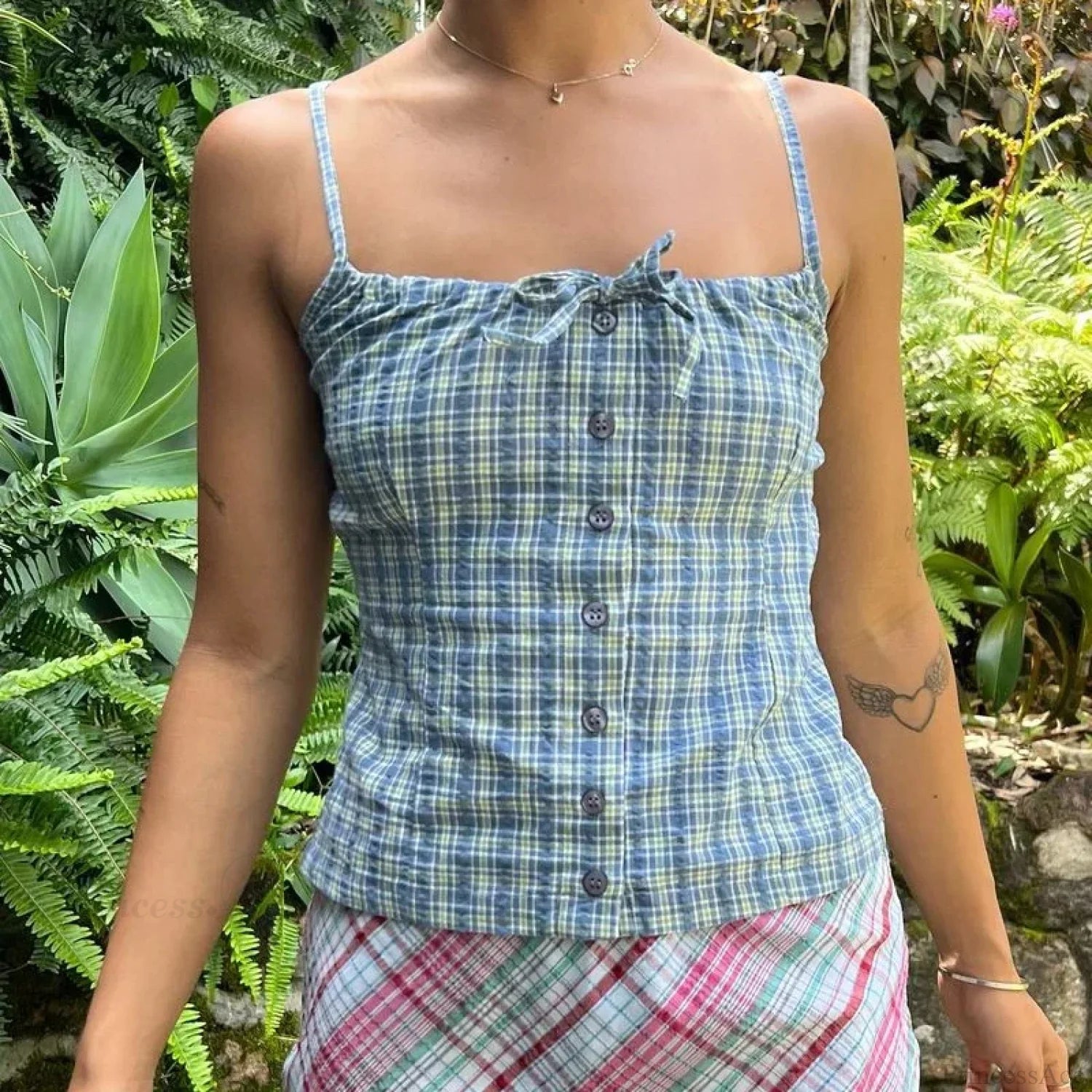 Y2K Plaid Print Sleeveless 00s Aesthetic Front Button Retro Backless Slim Fit Crop Top croptop-250126