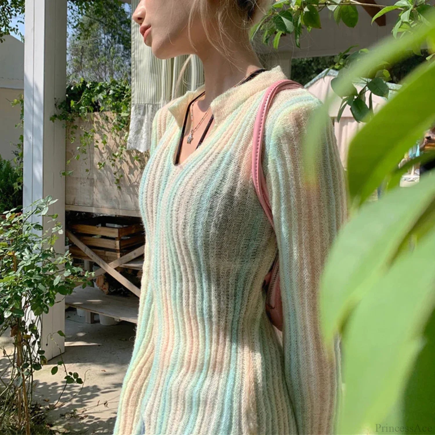 Y2K Vintage Long Sleeve Vertical Stripe Print Knit Top knittop-250126